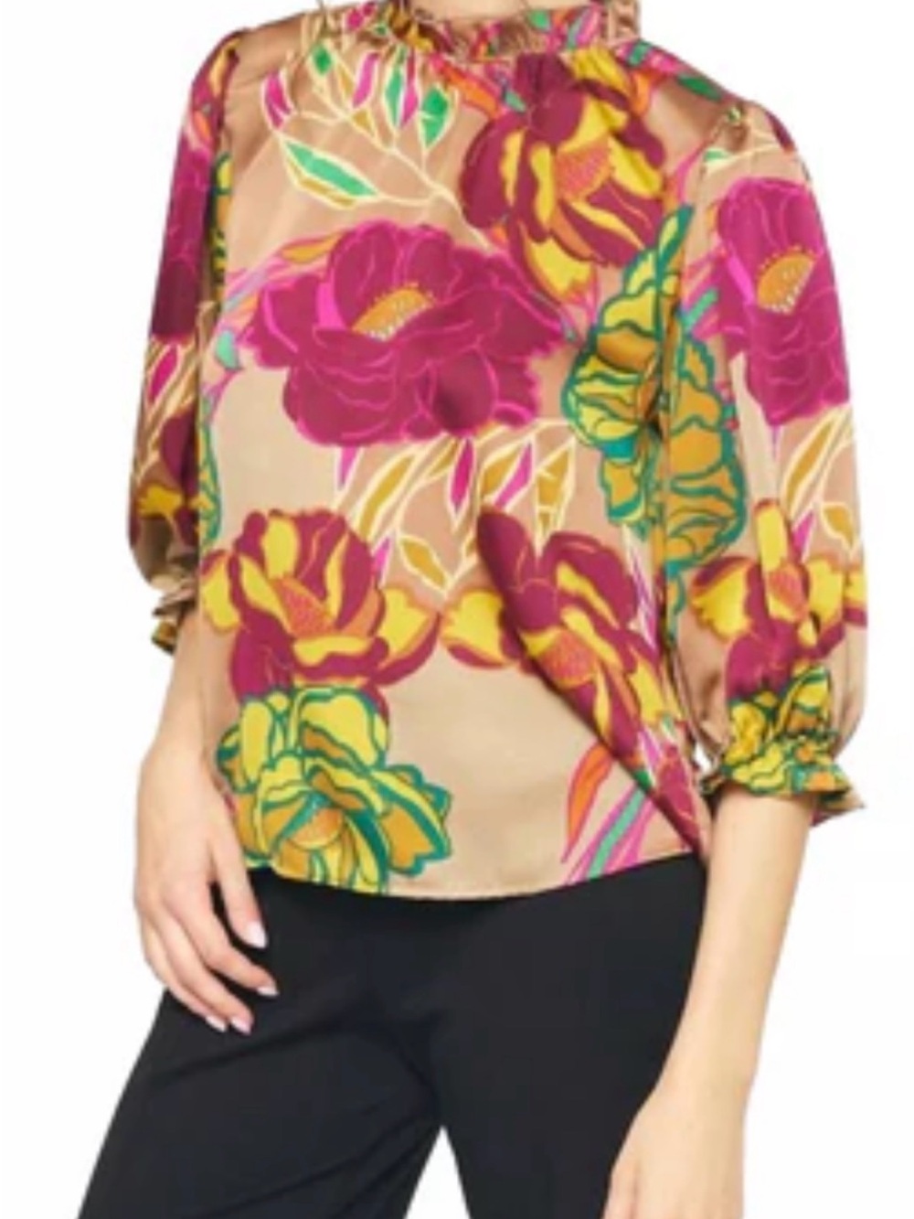 entro Floral Puff-Sleeve Blouse in Tan, Magenta and Yellow